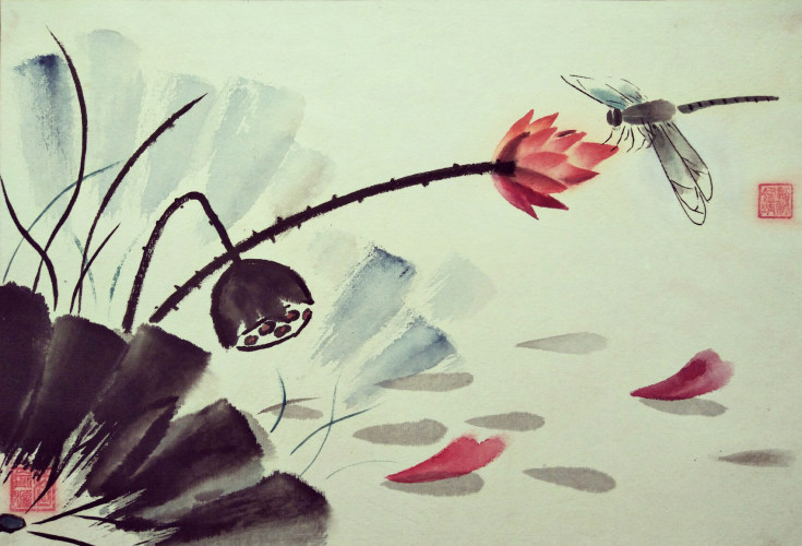 蜻蜓点水 国画46*31cm  1500